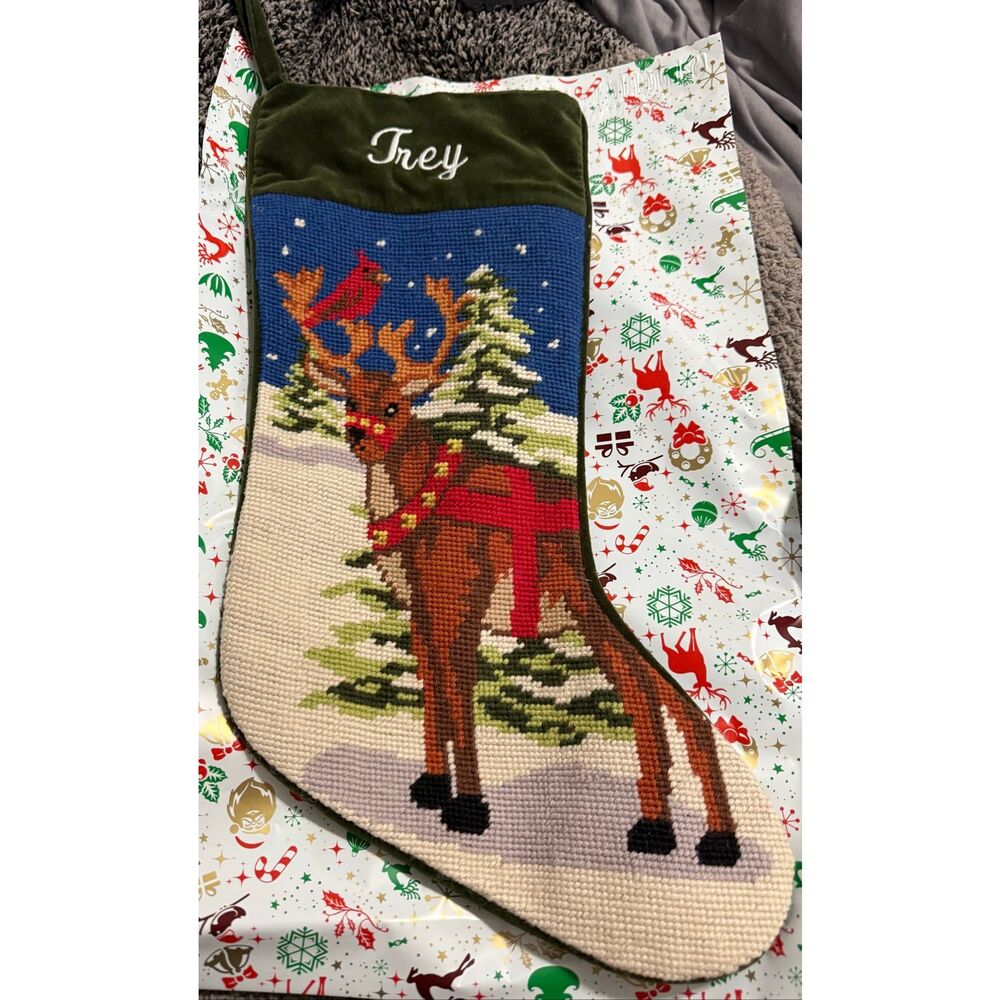 Trey Let's Make Memories Personalized Needlepoint Christmas Stocking reindeer